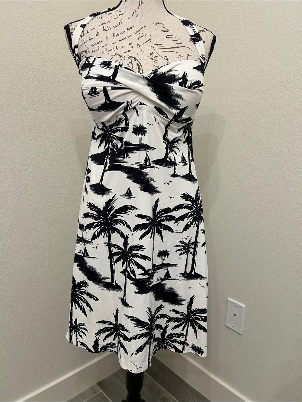 Tommy Bahama Black & White Palm Print Halter Sundress